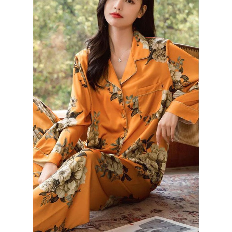 Unique Orange Oversized Floral Pocket Ice Silk Pajamas Two Pieces Set Spring