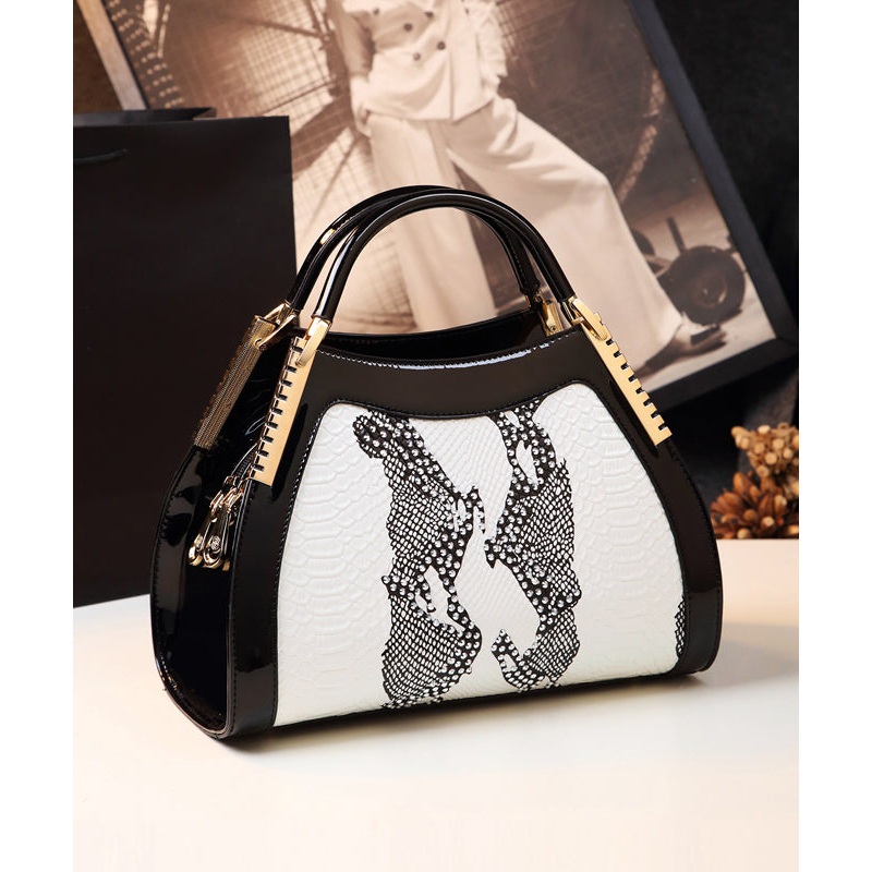 Unique White Embossed Zircon Calf Leather Tote Handbag