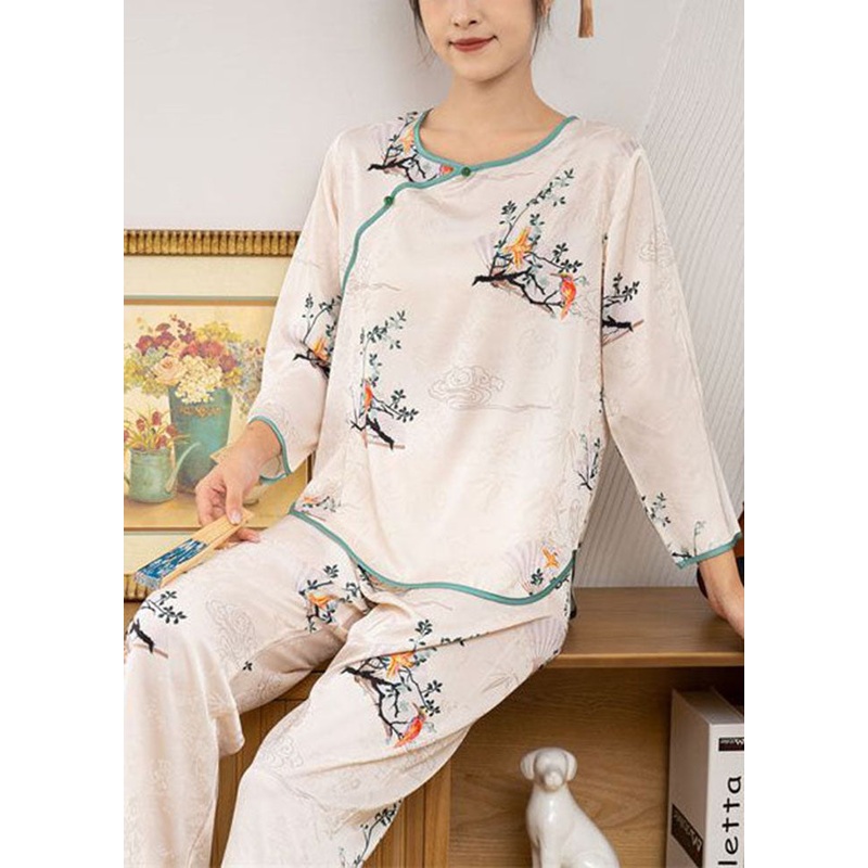 Vintage Beige O-Neck Oriental Print Ice Silk Pajamas Two Pieces Set Spring