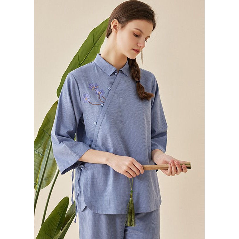 Vintage Blue Embroideried Tie Waist Cotton Pajamas Two Pieces Set Half Sleeve