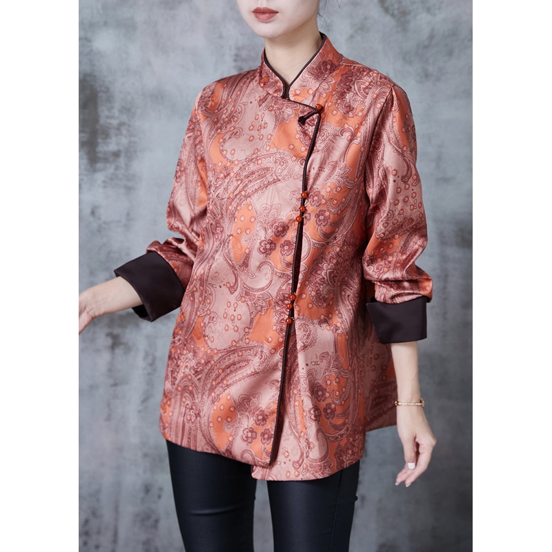 Vintage Brick Red Mandarin Collar Print Silk Shirt Spring