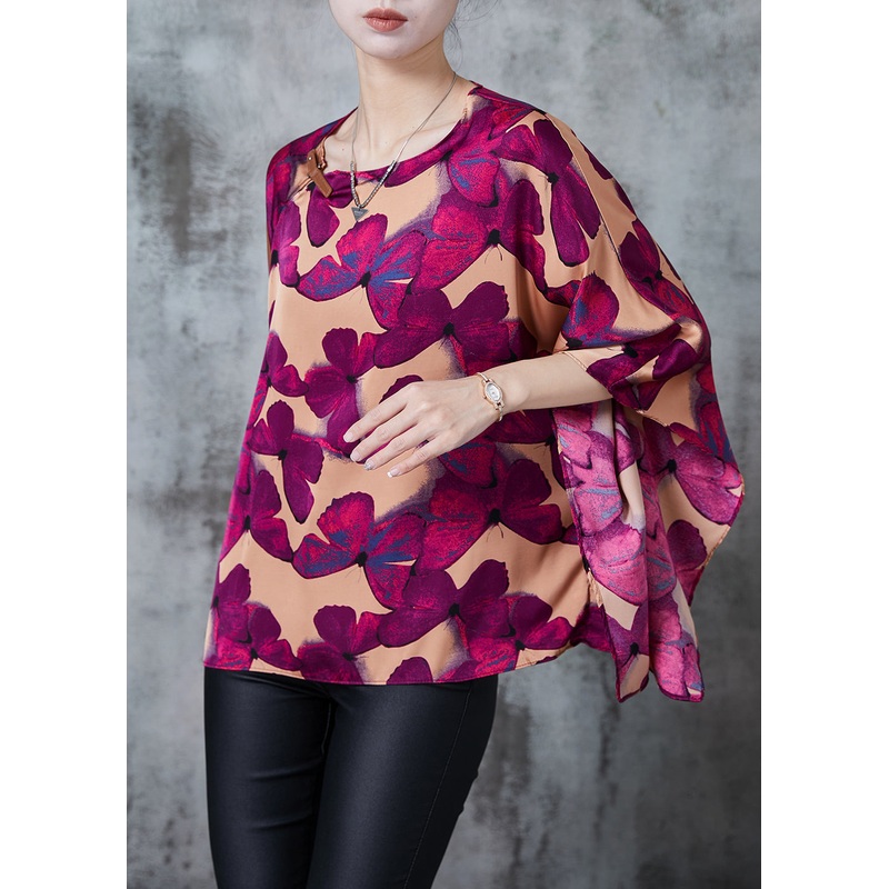 Vintage Brown Oversized Butterfly Silk Shirt Batwing Sleeve