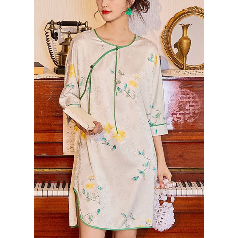 Vintage Green Print Tassel Ice Silk Mid Dress Half Sleeve