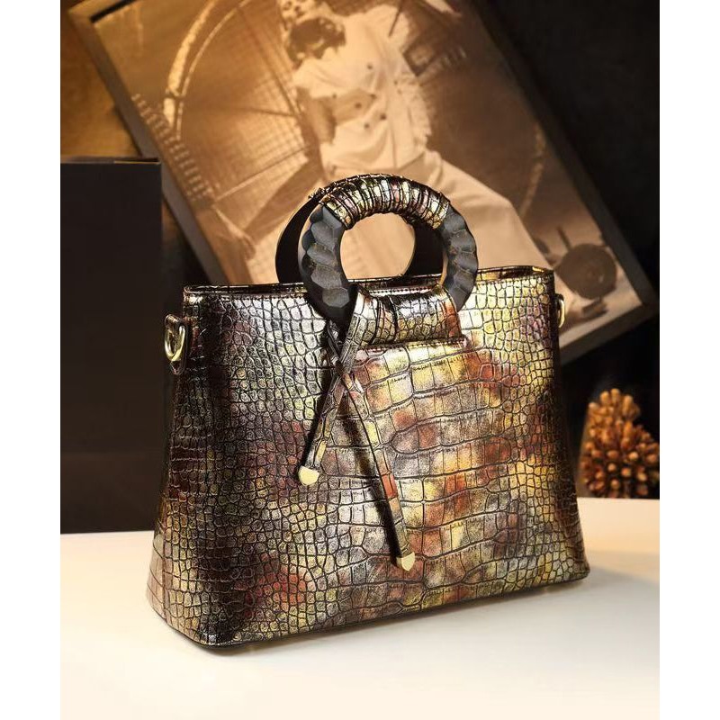 Vintage New Brown Embossed Calf Leather Tote Handbag