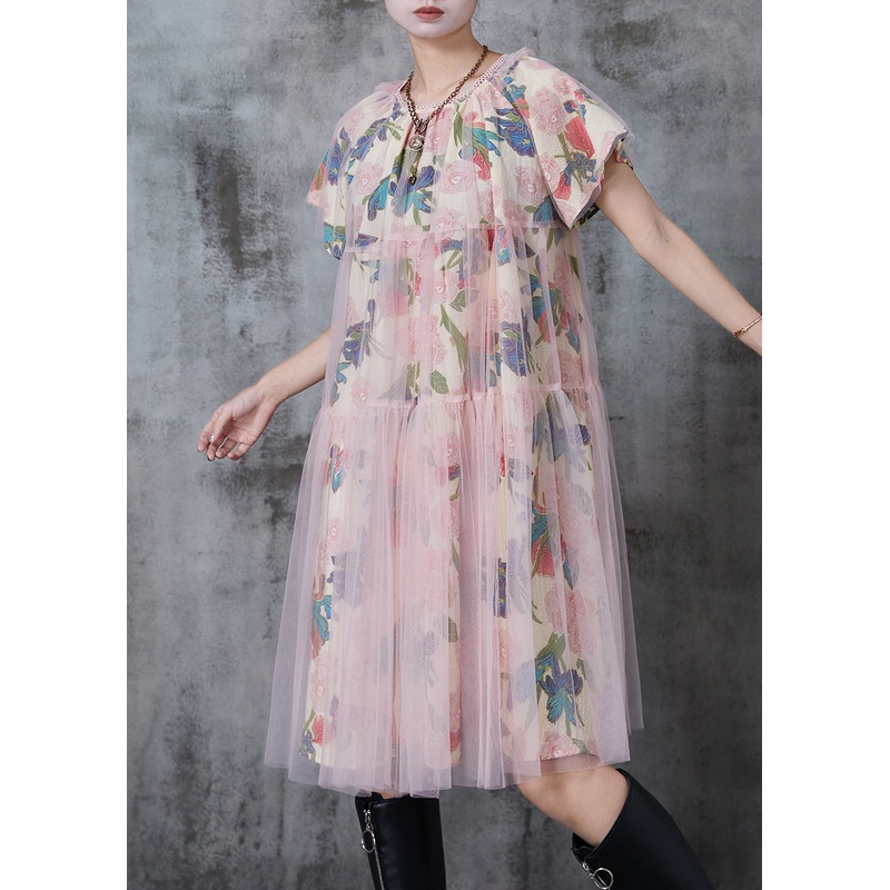 Women Apricot Print Tulle Work Dress Summer