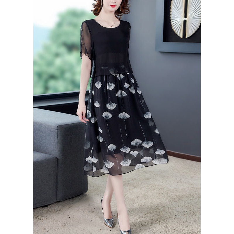 Women Black Hollow Out Patchwork Silk Fake Two Piece Dress Summer