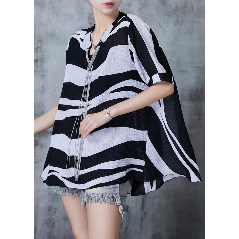 Women Black Tasseled Striped Chiffon Tops Summer