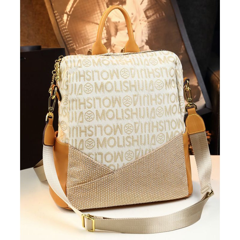 Women Casual Apricot Graphic Zircon Calf Leather Backpack Bag