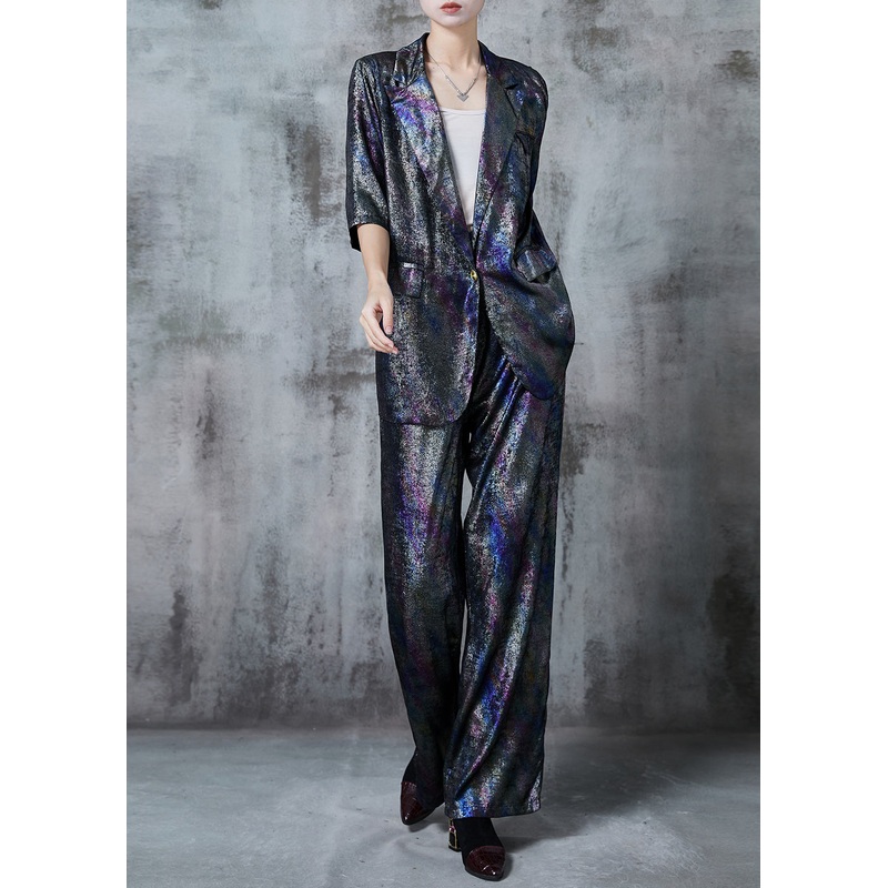 Women Dark Grey Notched Tie Dye Silk Two Pieces Set Summer