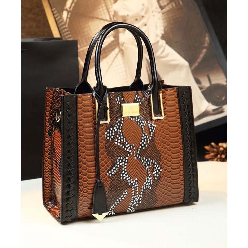 Women Elegant Brown Zircon Calf Leather Tote Handbag