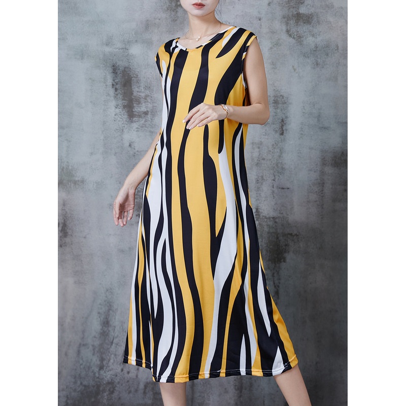 Yellow Striped Chiffon Holiday Dress Sleeveless