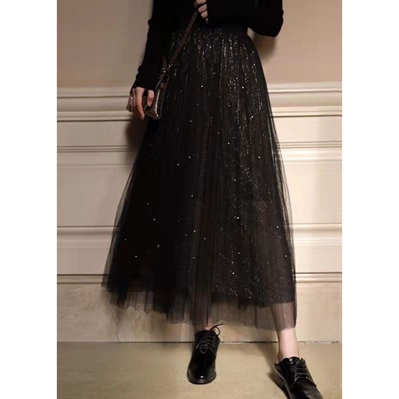 Art Black Wrinkled Nail bead Patchwork Tulle Skirts Spring