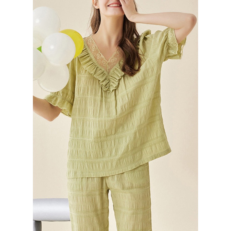 Art Grass Green V Neck Lace Patchwork Ice Silk Cotton Pajamas Two Pieces Set Summer