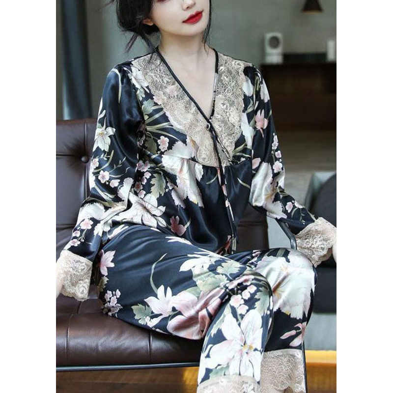 Beautiful Black V Neck Print Ice Silk Pajamas Two Pieces Set Spring