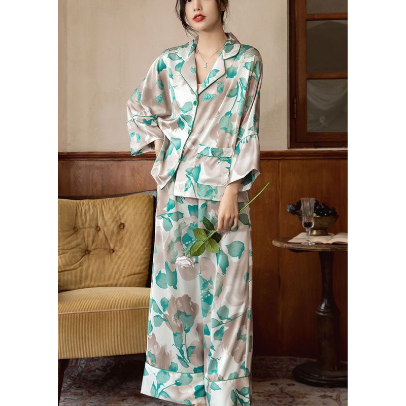 Beautiful Green Print Oversized Ice Silk Pajamas Two Pieces Set Bracelet Sleeve