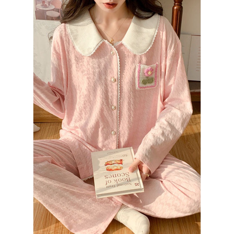 Beautiful Pink Patchwork Floral Cotton Pajamas Two Pieces Set Spring