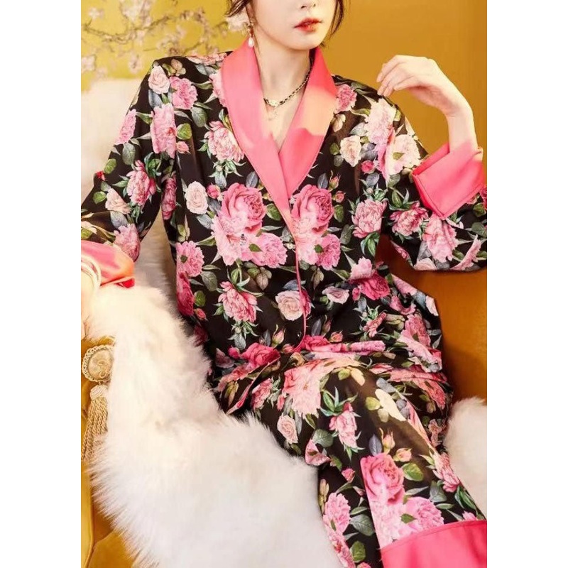 Beautiful Pink Patchwork Rose Ice Silk Pajamas Two Piece Suit Set Spring