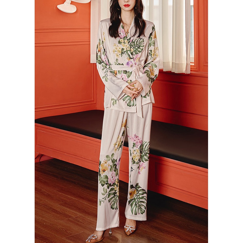 Beige Print Button Ice Silk Two Pieces Set Spring