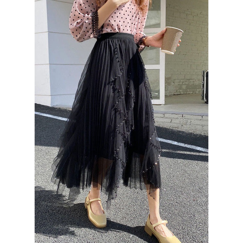 Black Patchwork Tulle Skirts Nail Bead Asymmetrical Spring
