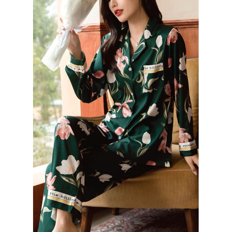 Blackish Green Ice Silk Pajamas Two Pieces Set Oversized Pocket Spring