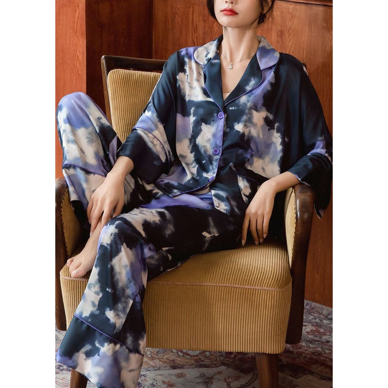 Blue Ice Silk Pajamas Two Pieces Set Tie Dye Bracelet Sleeve