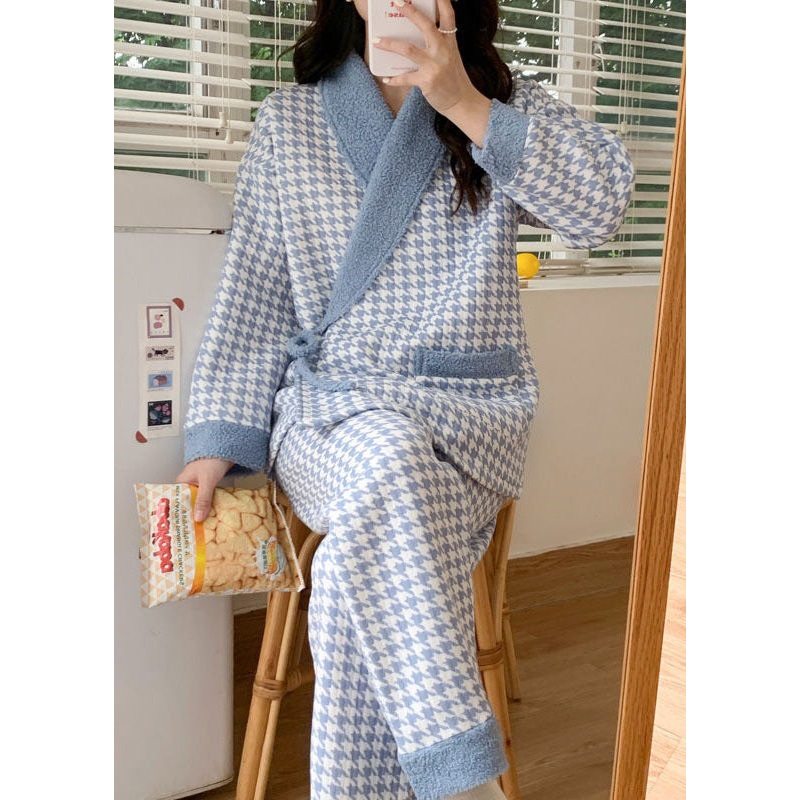 Blue Plaid Thick Cotton Pajamas Two Piece Set Peter Pan Collar Spring