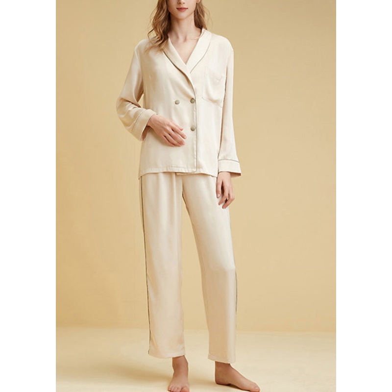 Bohemian Beige Peter Pan Collar Patchwork Ice Silk Pajamas Two Pieces Set Long Sleeve