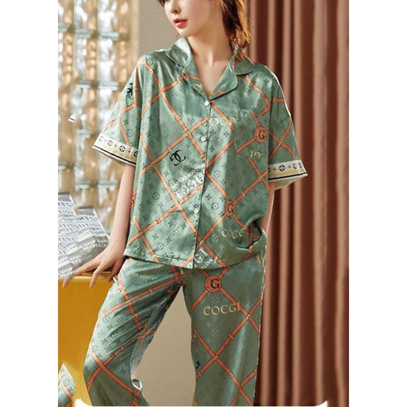 Bohemian Green Oversized Print Ice Silk Pajamas Two Pieces Set Short Sleeve