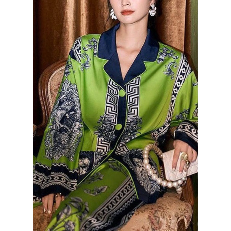 Bohemian Green Peter Pan Collar Print Ice Silk Pajamas Two Pieces Set Spring
