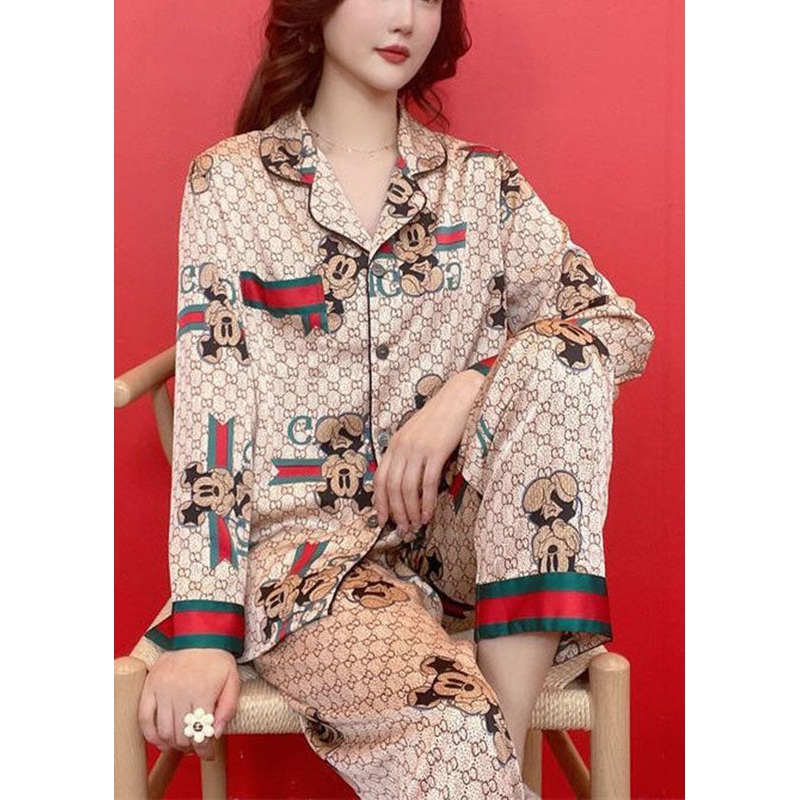 Bohemian Khaki Mickey Print Peter Pan Collar Ice Silk Pajamas Two Piece Set Spring