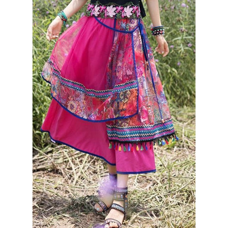 Bohemian Rose Wrinkled Tasseled Patchwork Print Tulle Skirt Spring