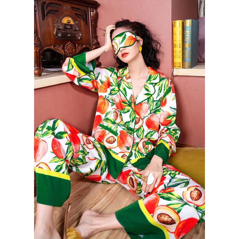 Bohemian Turn-down Collar Oversized Print Ice Silk Pajamas Two Pieces Set Spring