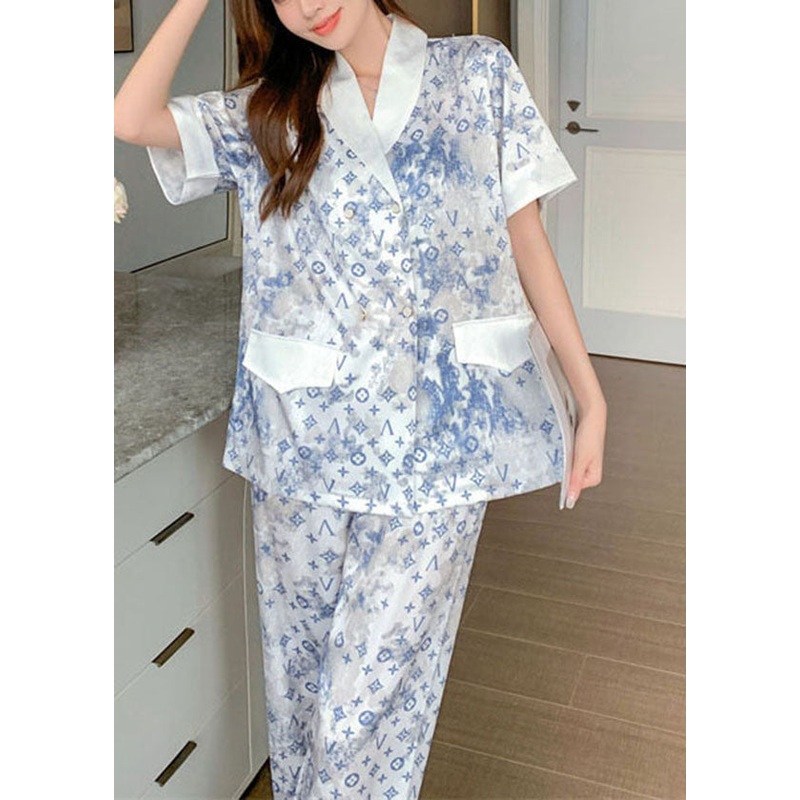 Bohemian White Print Oversized Draping Ice Silk Pajamas Women Sets 2 Pieces Short Sleeve