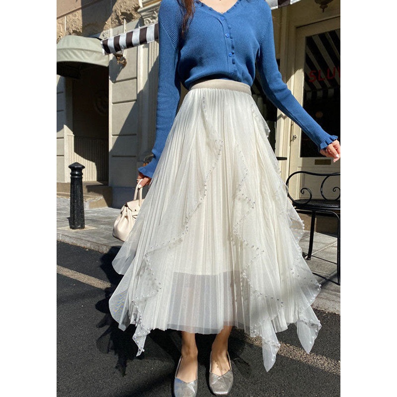 Bohemian White Wrinkled Asymmetrical Patchwork Tulle Skirt Spring