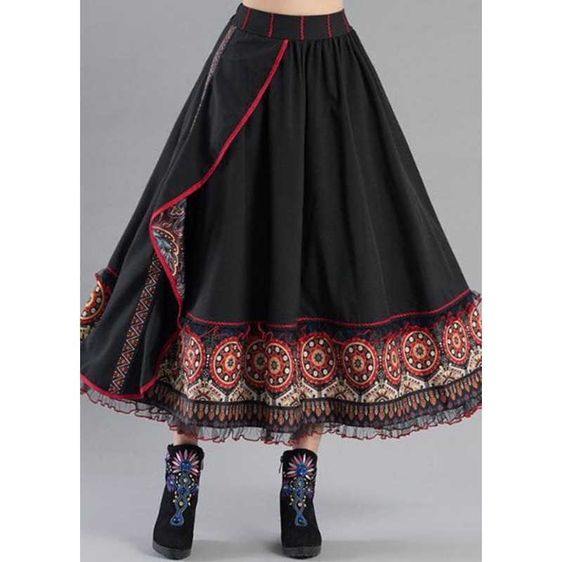 Boho Black Wrinkled Asymmetrical Print Cotton A Line Skirt Spring
