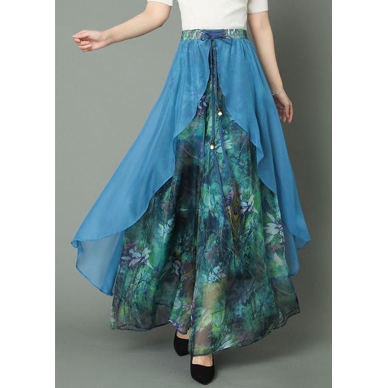 Boho Blue Patchwork Print Chiffon Pants Skirt Summer