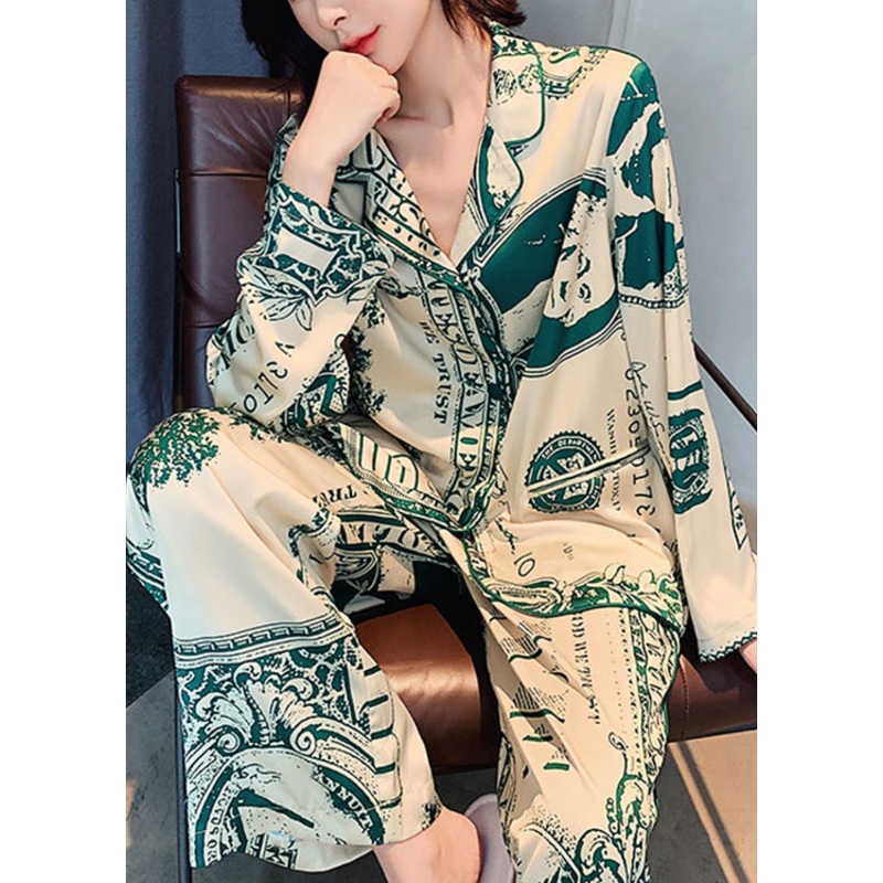 Boho Green Peter Pan Collar Print Ice Silk Pajamas Two Pieces Set Spring