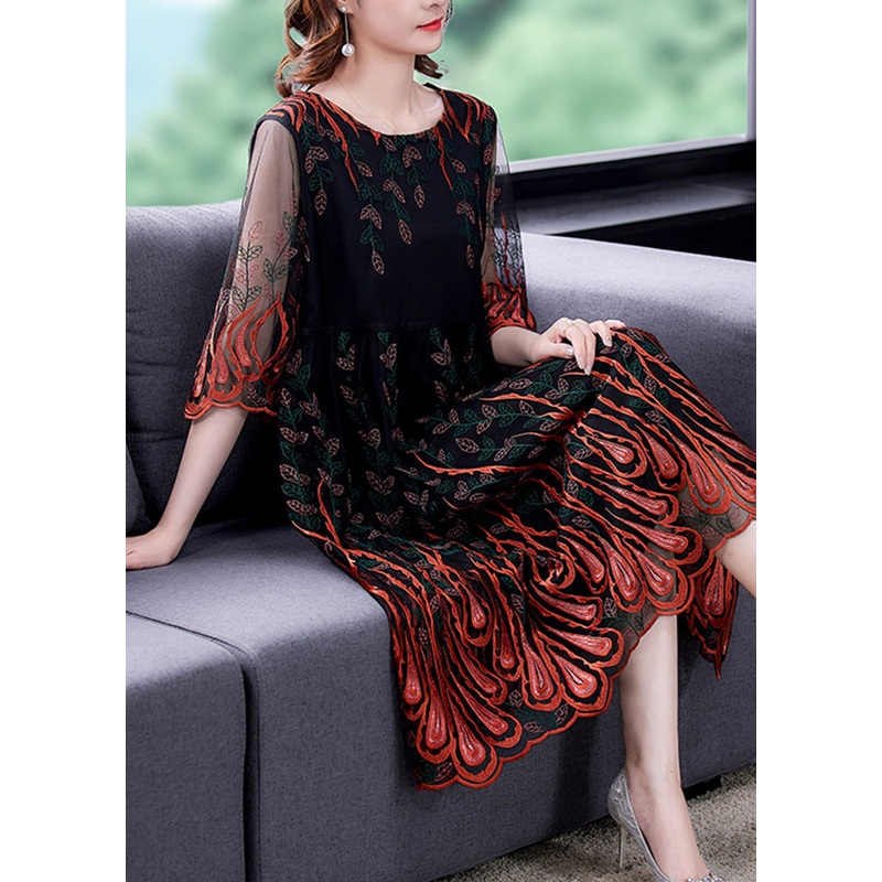 Boho Red Embroideried Tulle Silk Maxi Dresses Summer