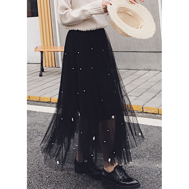 Boutique Black Wrinkled Nail bead Patchwork Tulle Skirts Summer