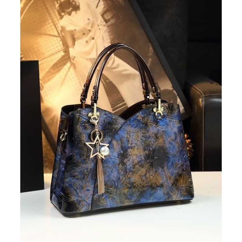 Boutique Blue Embossed Durable Calf Leather Tote Handbag
