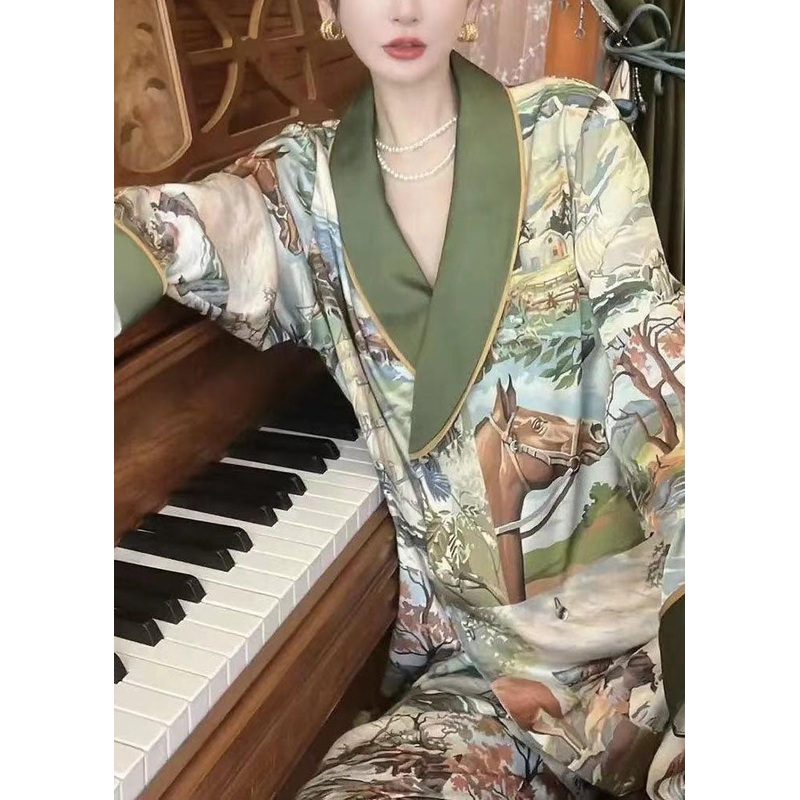 Boutique Green Print Patchwork Lace Up Ice Silk Pajamas Two Pieces Set Spring