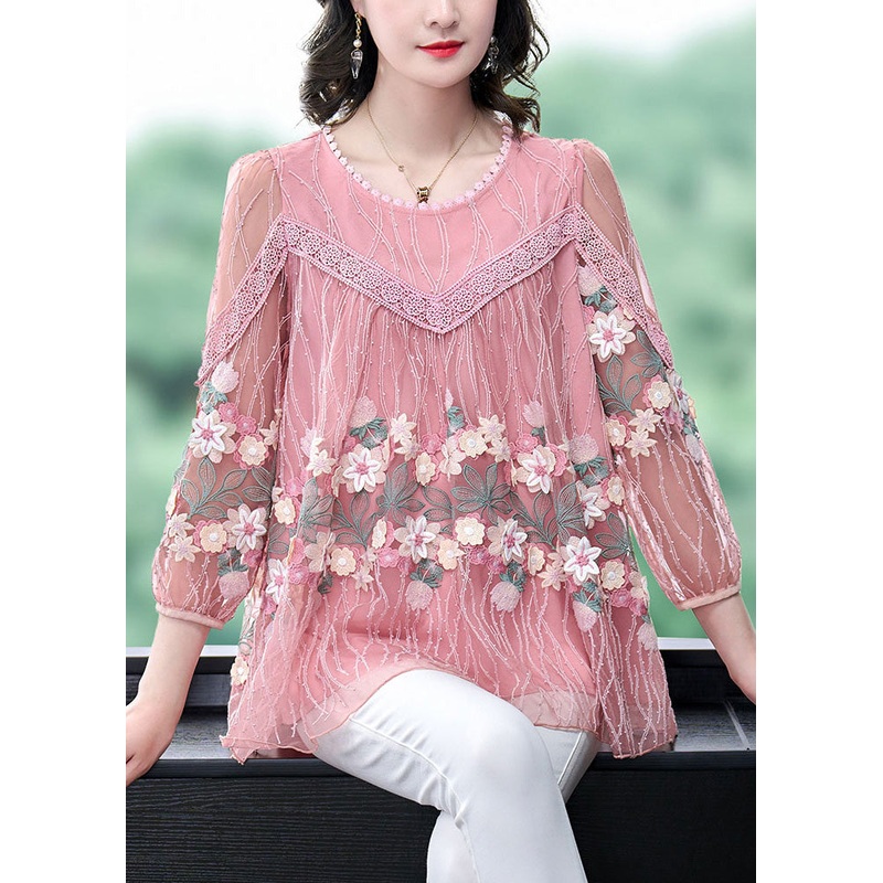 Boutique Pink Embroideried Floral Tulle Shirt Long Sleeve