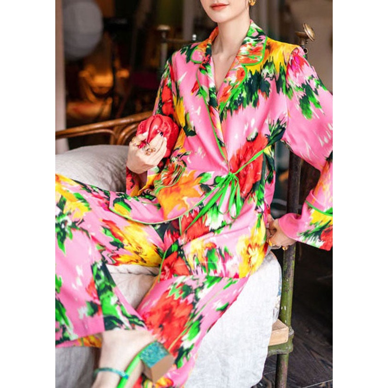 Boutique Pink Peter Pan Collar Patchwork Print Ice Silk Pajamas Two Pieces Set Spring