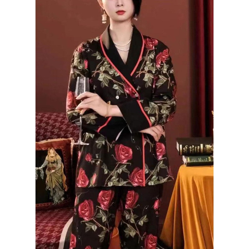Casual Black Print Oversized Double Breast Ice Silk Pajamas Two Piece Set Spring