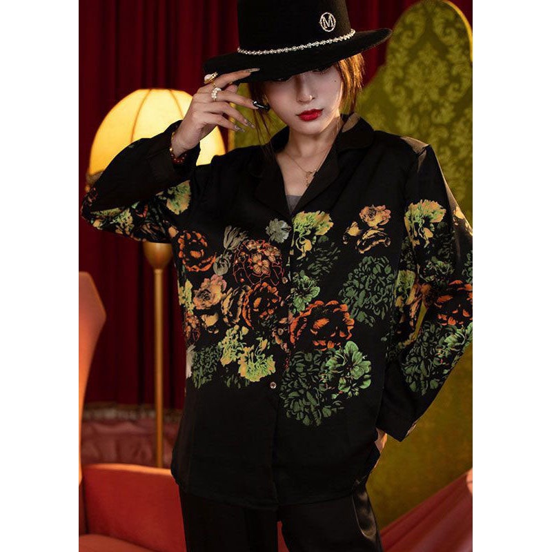Casual Black Print Oversized Ice Silk Pajamas Two Pieces Set Spring