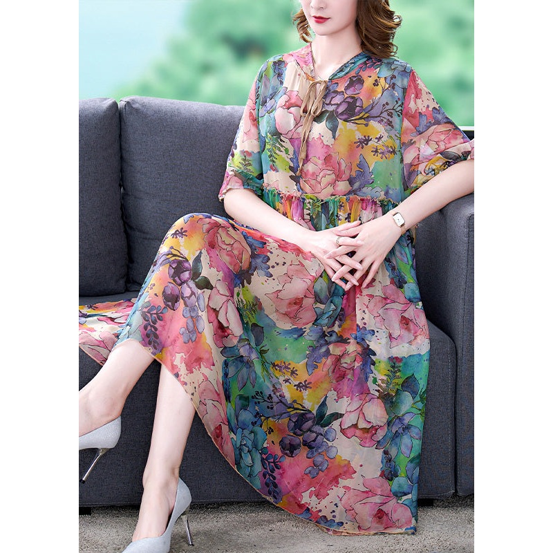 Casual Blue Floral Print Ruffled Neck Tie Silk Maxi Dress Short Sleeve