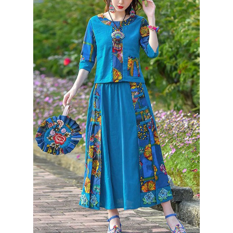 Casual Blue O-Neck Print Tops And Skirts Cotton Two-Piece Set Spring