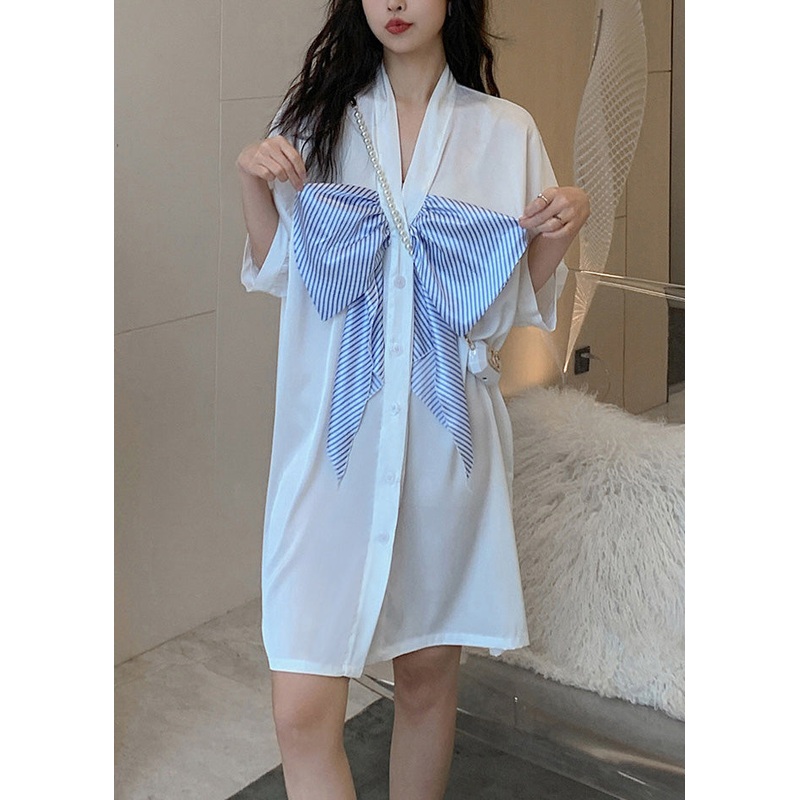 Casual White V Neck Bow Chiffon Shirts Dress Half Sleeve