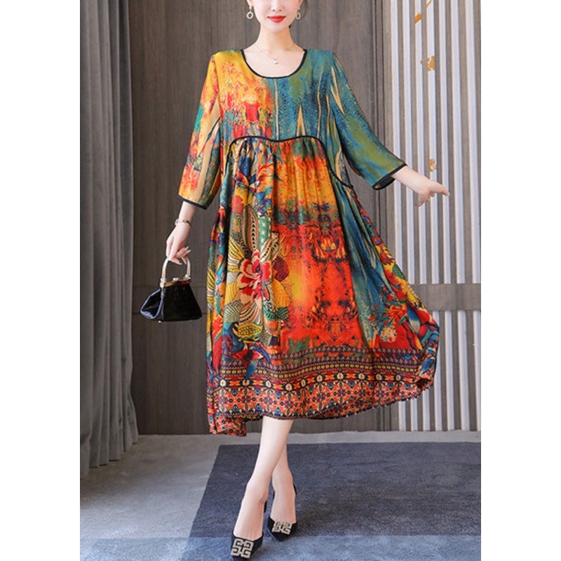 Casual Yellow Floral O-Neck Print Drawstring Long Dresses Summer