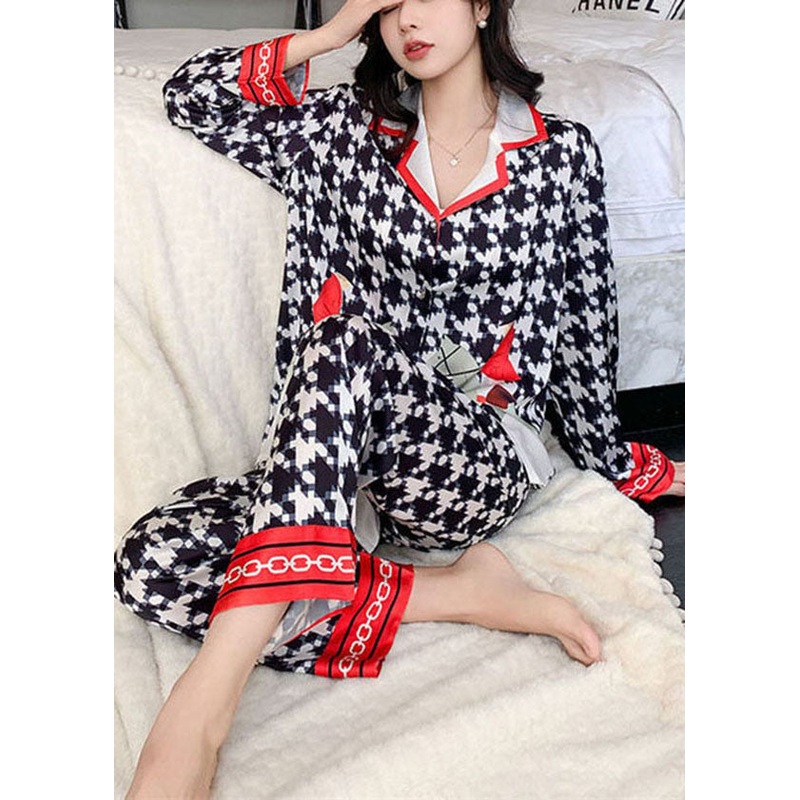 Chic Black Plaid Peter Pan Collar Print Ice Silk Pajamas Two Piece Set Women Clothing Spring
